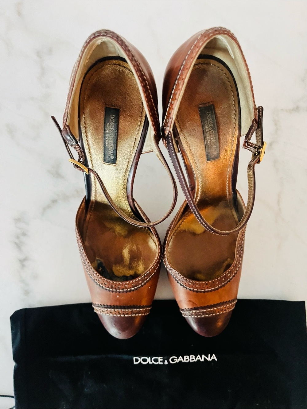 Dolce & Gabbana Cognac Leather Brogue Platform Mary Jane Pumps — Size 38 / US 8